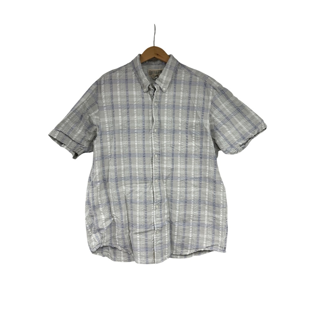 Duluth Trading Co Mens Large Gray Blue Plaid Short Sleeve Button Down Shirt